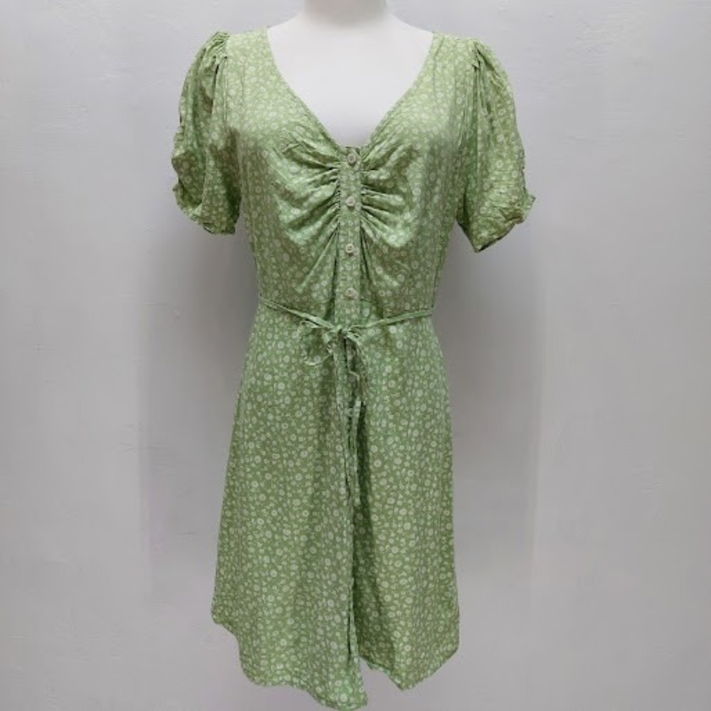 Madewell Floral Mini Dress Women's Size 6 Green Button Front Puff Sleeve Summer
